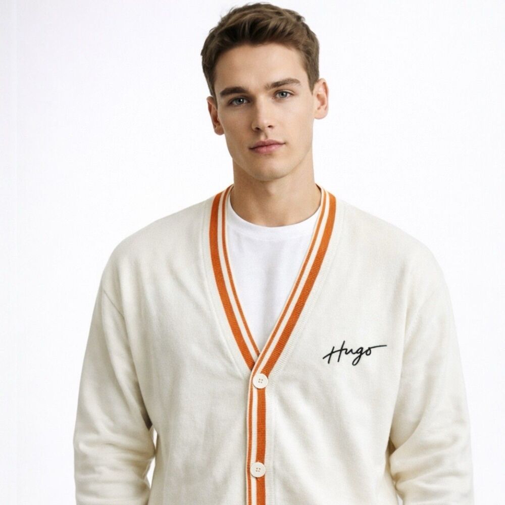 Hugo Boss Cardigan Mens L Cream Wool Blend NEW V-Neck Orange Striped Knit Button